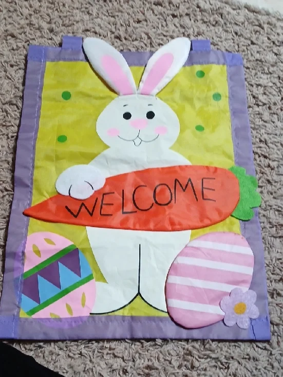 Easter Bunny Welcome Garden Flag - Pink, Purple, Yellow - Picture 5 of 5